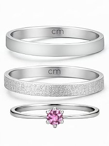 Par de Aliança Snow 2mm + Solitário Rosa - Aço Inox
