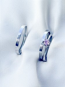 Par de Aliança Holanda 2mm + Solitário Rosa - Aço Inox