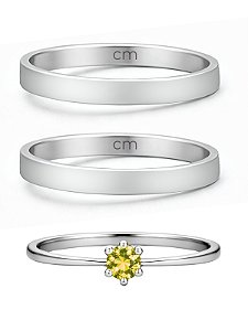 Par de Aliança Holanda 2mm + Solitário Amarelo - Aço Inox