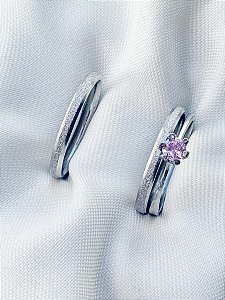 Par de aliança diamantada lover 2mm + Solitário Rosa - Aço Inox
