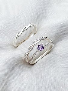 Par de Aliança Mônaco com pedra + Solitário Romantic Roxo - Prata 950
