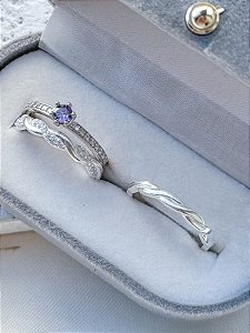 Par de Aliança Mônaco com pedra + Solitário Romantic Roxo - Prata 950