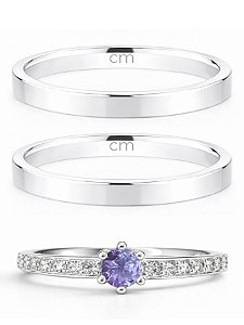 Par de Aliança Holanda 2mm + Solitário Romantic Roxo - Prata 950