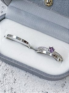 Par de Aliança Holanda 2mm + Solitário Romantic Roxo - Prata 950