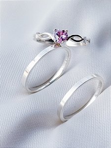 Par de Aliança Holanda 2mm + Solitário Love Rosa Claro - Prata 950