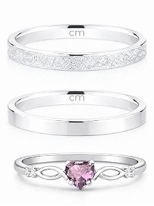 Par de Aliança Snow 2mm Diamantado + Solitário Love Rosa claro - Prata 950