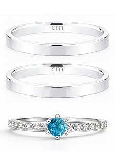 Par de Aliança Holanda 2mm + Solitário Romantic Azul - Prata 950