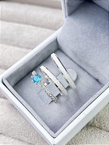 Par de Aliança Diamantada + Solitário Romantic Azul - Prata 950
