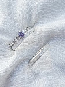 Par de Aliança Diamantada + Solitário Romantic Roxo - Prata 950