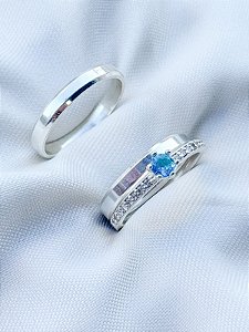 Par de Aliança Chanfrada + Solitário Romantic Azul - Prata 950
