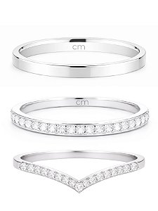 Par de aliança Polônia com pedra + Solitário cravejado em V - Prata 950