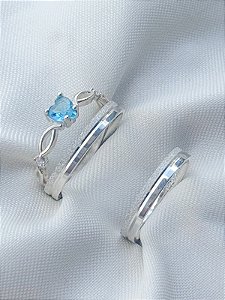 Par de Aliança Alice + Solitário Love azul - Prata 950