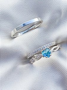 Par de alianças Polônia com pedra + Solitário Love azul - Prata 950