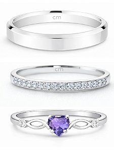 Par de Aliança França Cristal com pedra + Solitário Love Roxo - Prata 950