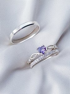 Par de Aliança França Cristal com pedra + Solitário Love Roxo - Prata 950