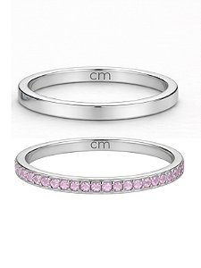 Par de aliança Polonia com pedra Rosa - Prata 950