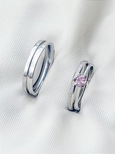 Par de aliança minilover e friso + Solitário rosa - Aço Inox