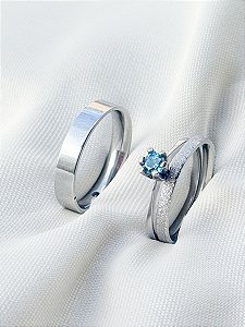 Par de Aliança Snow 2mm e 4mm + Solitário azul - Aço Inox