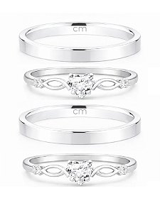 Par de Aliança Holanda 2mm + Solitários Love cristal - Prata 950