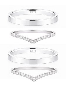 Par de Aliança Holanda 2mm + Solitários cravejados V - Prata 950