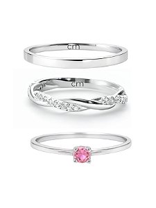 Par de Aliança Mônaco com pedra e Holanda + Solitário encanto Rosa - Prata 950