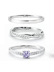 Par de Aliança Mônaco com pedra e Holanda + Solitário Romantic roxo - Prata 950