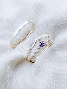 Par de Aliança Mônaco com pedra e Holanda + Solitário Romantic roxo - Prata 950