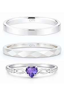 Par de Aliança Geométrica + Holanda 2mm + Solitário Love Roxo - Prata 950