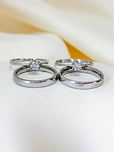 Par de aliança chanfrada + Solitários cristal - Aço Inox