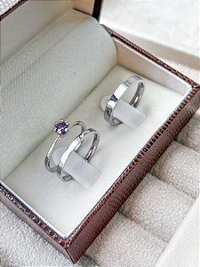 Par de Aliança Holanda 2mm e 3mm + Solitário Roxo - Aço Inox