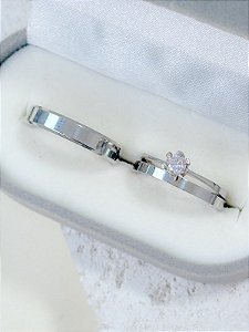 Par de Aliança Holanda 2mm e Chanfrada 4mm + Solitário rosa - Aço Inox