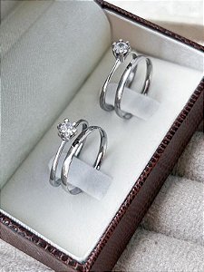 Par de Alianças Julieta 2mm + Solitários Cristal - Aço inox