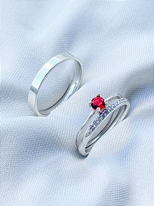 Par de Aliança Polonia meia volta com pedra + Solitário encanto Vermelho - Prata 950