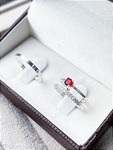 Par de Aliança Polonia meia volta com pedra + Solitário encanto Vermelho - Prata 950