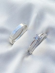 Par de Aliança Polonia 3mm com pedra + Solitário encanto - Prata 950