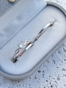 Par de Aliança Holanda 1,5mm + Solitário Love Cristal - Prata 950