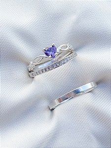 Par de alianças Polônia com pedra + Solitário Love roxo - Prata 950