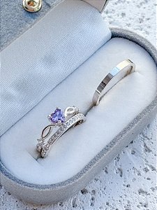 Par de alianças Polônia com pedra + Solitário Love roxo - Prata 950