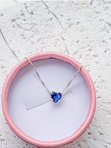 Colar ponto de luz coração azul - Folheado a prata