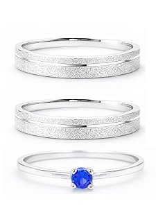 Par de Aliança Delicate 3mm + Solitário encanto Azul Royal- Prata 950