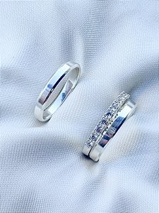 Par de Aliança Chanfrada + Solitário Pace cristal - Prata 950