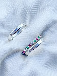 Par de Aliança Chanfrada + Solitário Pace Rainbow - Prata 950