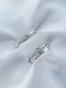 Par de aliança Alice + Solitário encanto cristal - Prata 950