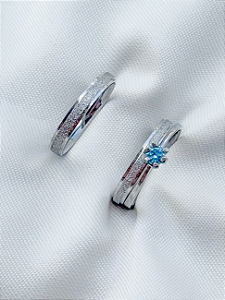 Par de aliança diamantada 3mm + solitário Azul - Aço Inox