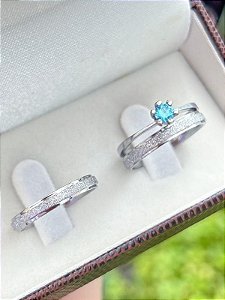 Par de aliança diamantada 3mm + solitário Azul - Aço Inox
