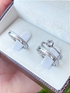 Par de Aliança Alice + Solitário cristal - Aço inox