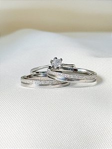 Par de Aliança Alice + Solitário cristal - Aço inox