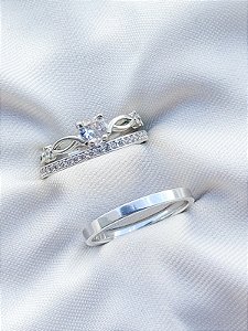 Par de alianças Polônia com pedra + Solitário Love - Prata 950