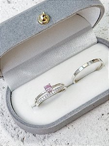 Par de Aliança Rapunzel com pedra + Solitário encanto rosa Claro - Prata 950