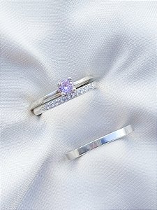 Par de Aliança Rapunzel com pedra + Solitário encanto rosa Claro - Prata 950